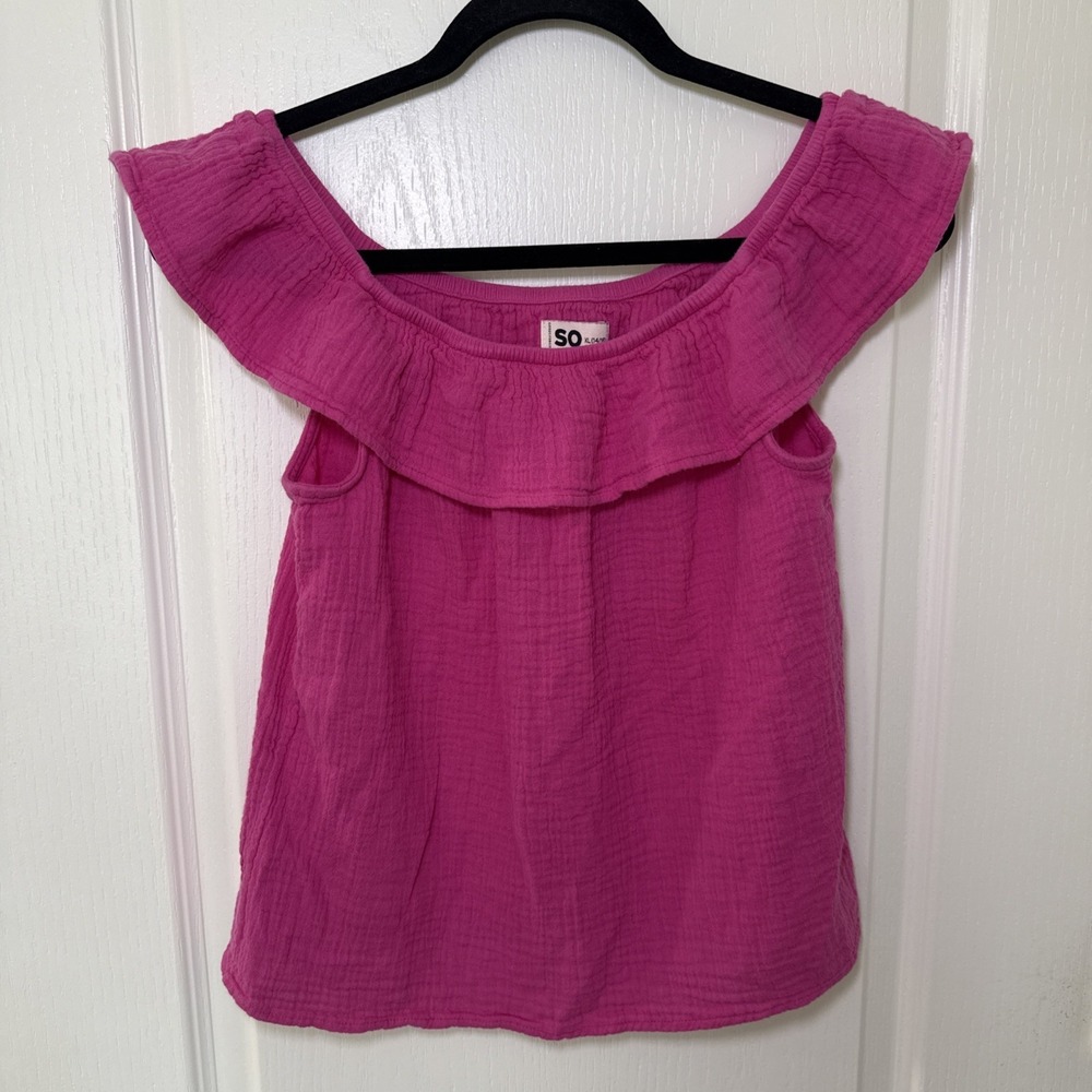 SO Kohl's Girls Magenta Pink Ruffle Neck Flutter Sleeve Top XL 14/16 Gauze